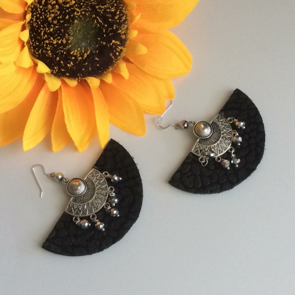 925 SS Black Leather & Iridescent Bead Earrings